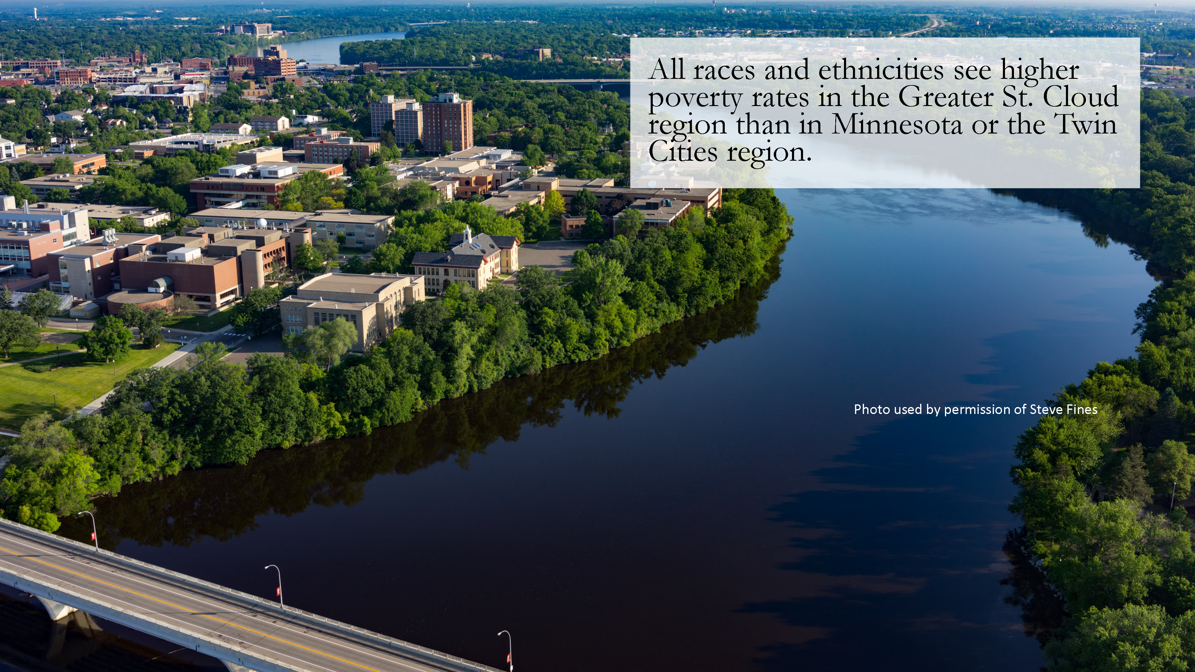 A picture of St. Cloud, MN featuring a quote from the Social Equity Dashboard: All races and ethnicities see higher poverty rates in the Greater St. Cloud region than in Minnesota or the Twin Cities region.
